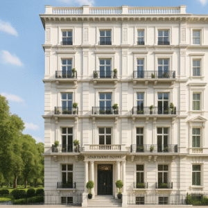 Property for sale A grand, white stone apartment hotel with ornate architectural details, black iron balconies, and potted plants flanking the entrance—an example of prime central London property set amid green trees and a clear sky. Presented by Palace Auctions