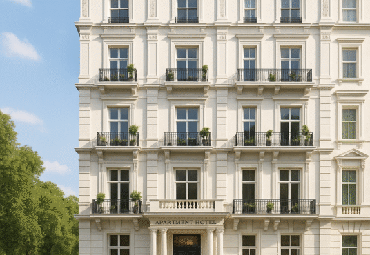 Property for sale A grand, white stone apartment hotel with ornate architectural details, black iron balconies, and potted plants flanking the entrance—an example of prime central London property set amid green trees and a clear sky. Presented by Palace Auctions
