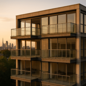 Property for sale A modern 3-bed duplex SW8 1AY apartment building with large glass windows and balconies, shown at sunset. The city skyline with tall buildings is visible in the background—ideal for a buy-to-let SW8 investment. Presented by Palace Auctions