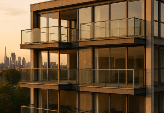 Property for sale A modern 3-bed duplex SW8 1AY apartment building with large glass windows and balconies, shown at sunset. The city skyline with tall buildings is visible in the background—ideal for a buy-to-let SW8 investment. Presented by Palace Auctions