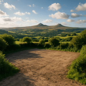 Property for sale A dirt clearing surrounded by green bushes overlooks rolling hills and fields, with two prominent peaks beneath a blue sky—a stunning Cornwall development opportunity in a picturesque setting. Presented by Palace Auctions