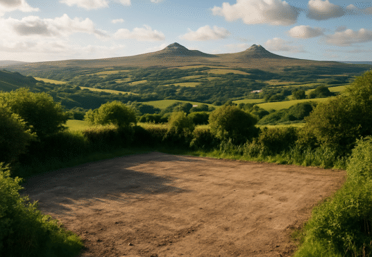 Property for sale A dirt clearing surrounded by green bushes overlooks rolling hills and fields, with two prominent peaks beneath a blue sky—a stunning Cornwall development opportunity in a picturesque setting. Presented by Palace Auctions