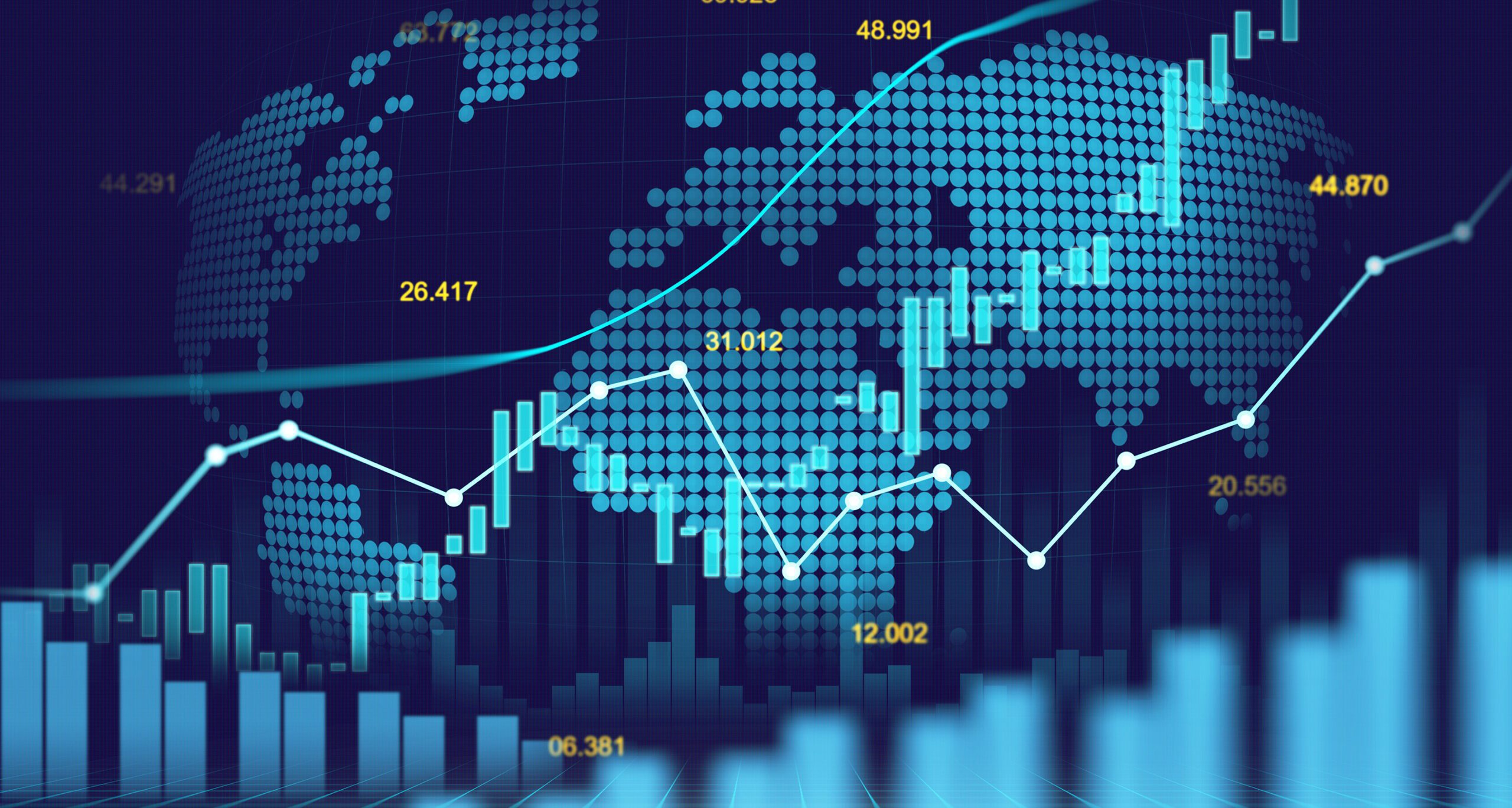 Property for sale A digital graphic of a world map with fluctuating line graphs, bar charts, and data points overlaying it, illustrating global financial trends and the latest UK Housing Market Update—June 2025 from Palace Auctions London and the Property Market. Presented by Palace Auctions