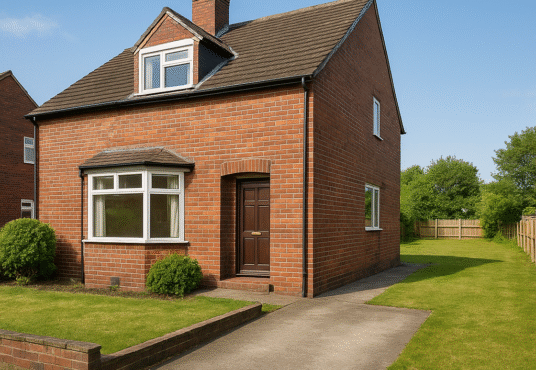 Property for sale A two-story red brick house with a brown front door, white-framed windows, bay window, and chimney. This Manchester commuter home features a neat lawn, paved walkway, clear blue sky, and excellent attic conversion potential. Presented by Palace Auctions