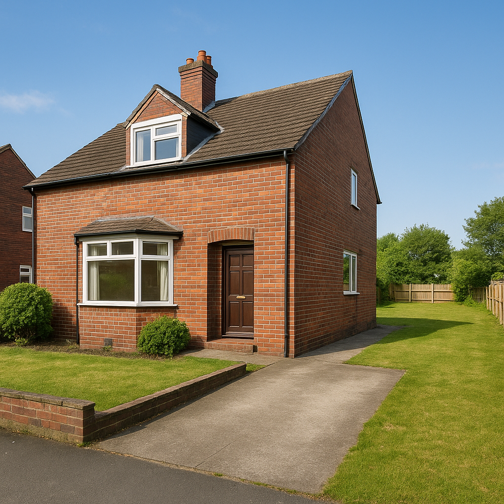 Property for sale A two-story red brick house with a brown front door, white-framed windows, bay window, and chimney. This Manchester commuter home features a neat lawn, paved walkway, clear blue sky, and excellent attic conversion potential. Presented by Palace Auctions