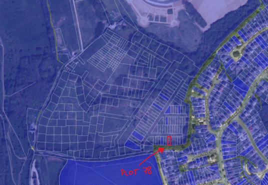 Property for sale A satellite map with white outlines marking land plots. A red label with an arrow points to "Plot 78," near the bottom center, beside a road and close to other residential neighborhoods—ideal for a Birmingham property auction. Presented by Palace Auctions