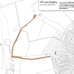 Property for sale A black-and-white HM Land Registry map highlights a freehold plot West Midlands with a red rectangle in Bromsgrove, Worcestershire. Brown lines mark surrounding roads; adjacent areas show fields and housing plots—ideal for a Birmingham property auction. Presented by Palace Auctions
