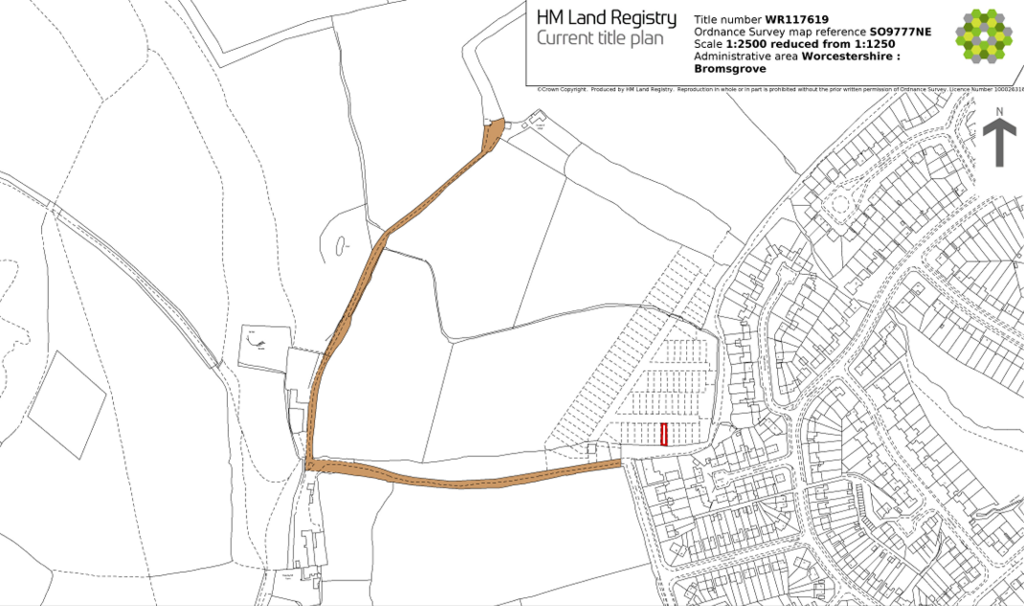 Property for sale A black-and-white HM Land Registry map highlights a freehold plot West Midlands with a red rectangle in Bromsgrove, Worcestershire. Brown lines mark surrounding roads; adjacent areas show fields and housing plots—ideal for a Birmingham property auction. Presented by Palace Auctions