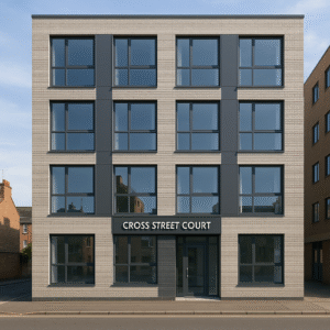 Property for sale A modern four-story building with large windows, Cross Street Court studios offers stylish Peterborough student apartments in a city centre studio block, situated along a quiet street. Presented by Palace Auctions