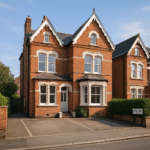 Property for sale A large, red-brick Victorian house with white trim, bay windows, and two peaked gables sits on Hoylake Road W3—a prime freehold investment—featuring a paved driveway and small plants by the entrance on a quiet suburban street. Presented by Palace Auctions