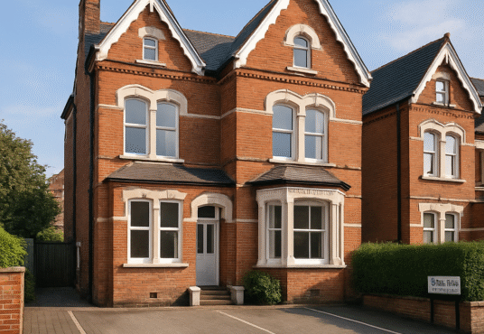 Property for sale A large, red-brick Victorian house with white trim, bay windows, and two peaked gables sits on Hoylake Road W3—a prime freehold investment—featuring a paved driveway and small plants by the entrance on a quiet suburban street. Presented by Palace Auctions