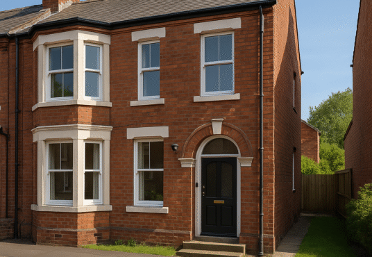 Property for sale A two-story red brick house with white window frames, a black front door with a fanlight, and a small front lawn—this 5 Bed HMO Lancaster N18 is located on a quiet suburban street. Presented by Palace Auctions