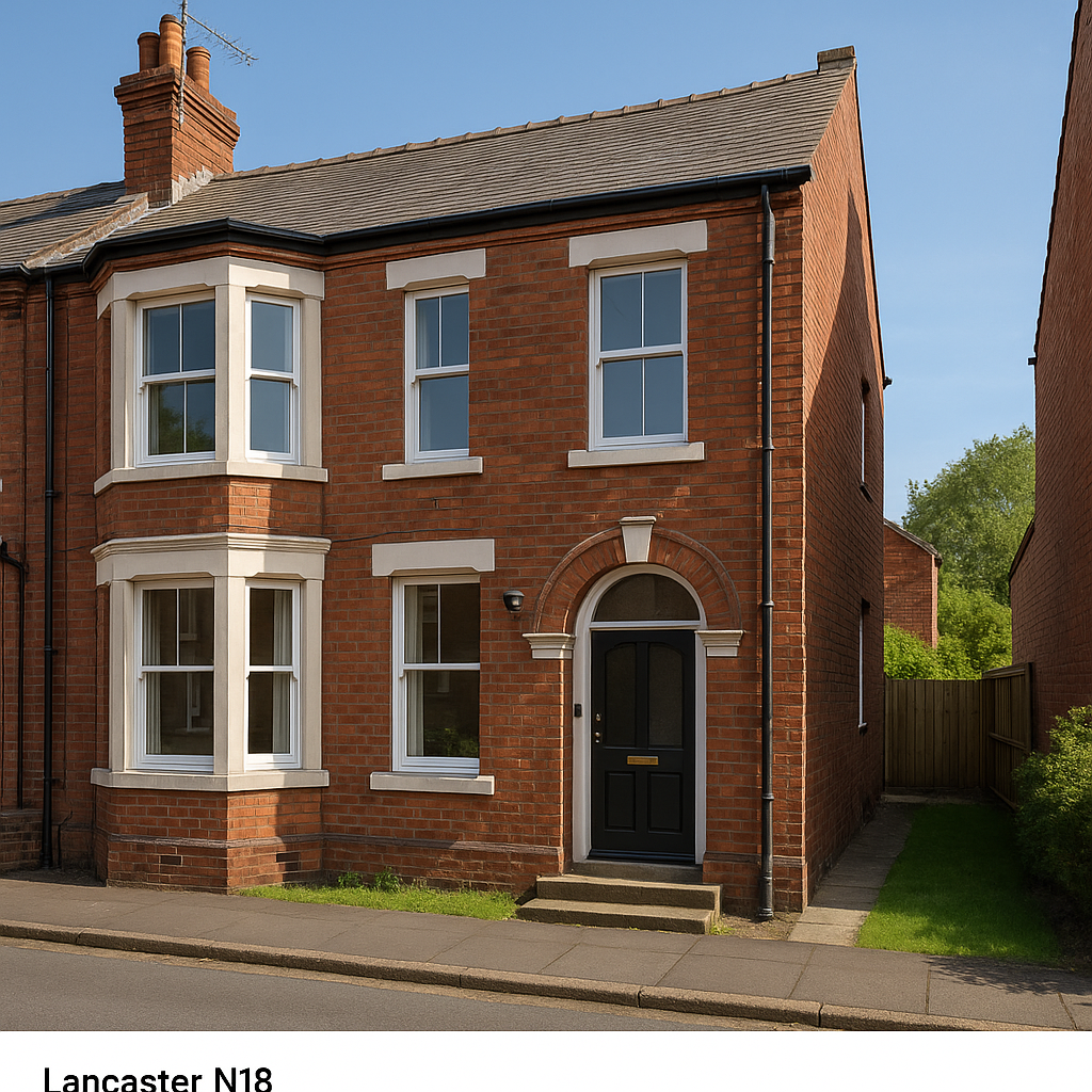 Property for sale A two-story red brick house with white window frames, a black front door with a fanlight, and a small front lawn—this 5 Bed HMO Lancaster N18 is located on a quiet suburban street. Presented by Palace Auctions