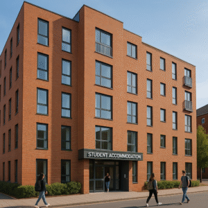 Property for sale A modern, five-story brick building with large windows, labeled "Student Accommodation" at the entrance, ideal for Nottingham student block investment. Four people walk on the sidewalk in front on a clear day. Presented by Palace Auctions