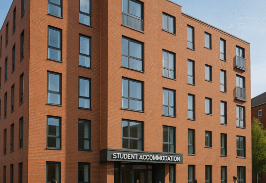 Property for sale A modern, five-story brick building with large windows, labeled "Student Accommodation" at the entrance, ideal for Nottingham student block investment. Four people walk on the sidewalk in front on a clear day. Presented by Palace Auctions