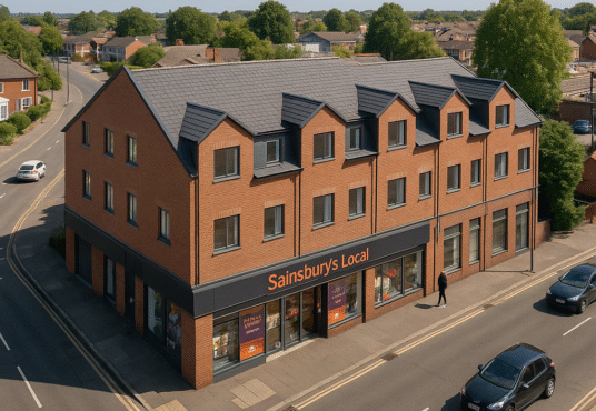 Property for sale A Sainsbury’s Local supermarket sits on the ground floor of a modern, red-brick, three-story 1-bed flat development at a street corner, with cars parked nearby and a person walking past. Trees and houses are visible in the background. Presented by Palace Auctions