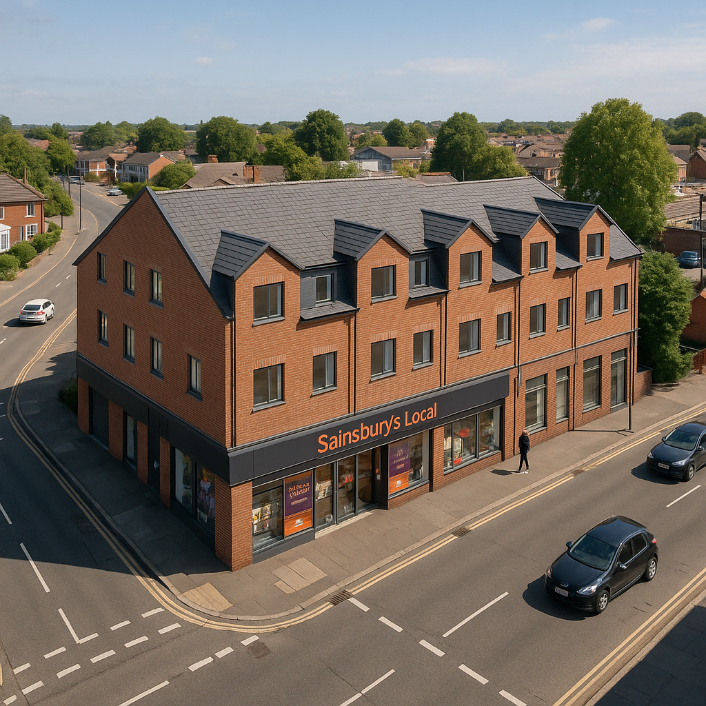 Property for sale A Sainsbury’s Local supermarket sits on the ground floor of a modern, red-brick, three-story 1-bed flat development at a street corner, with cars parked nearby and a person walking past. Trees and houses are visible in the background. Presented by Palace Auctions
