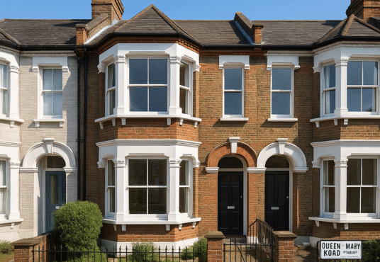 Property for sale A pair of Victorian-style SE19 buy-to-let terraced houses with bay windows, brown brickwork, black doors, and white trim under a clear blue sky. A sign reading "Queen Mary Road" is visible in front. Presented by Palace Auctions
