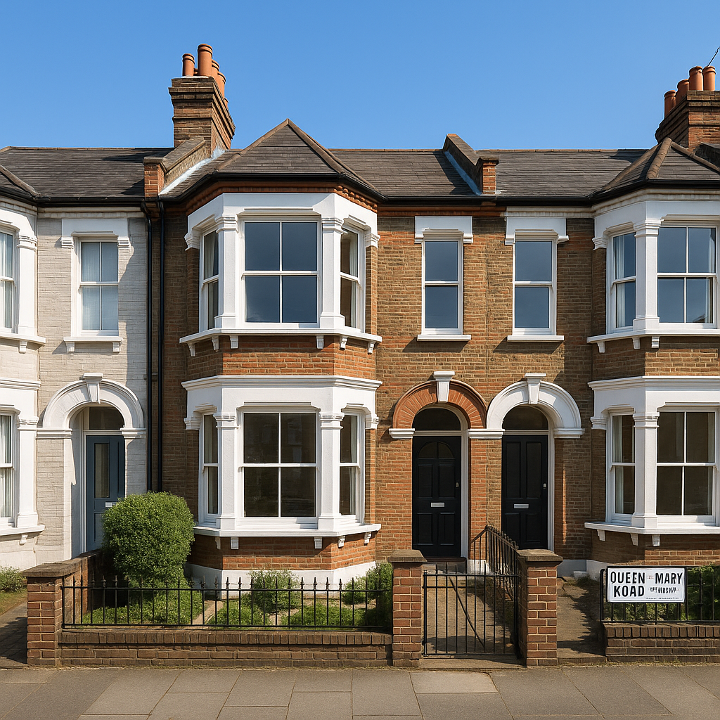 Property for sale A pair of Victorian-style SE19 buy-to-let terraced houses with bay windows, brown brickwork, black doors, and white trim under a clear blue sky. A sign reading "Queen Mary Road" is visible in front. Presented by Palace Auctions