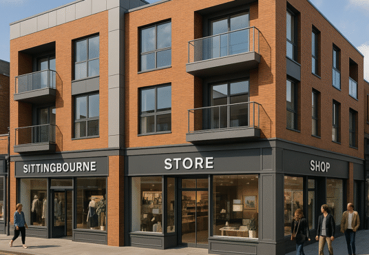 Property for sale A modern, three-story brick building on a city street corner offers high street retail investment Kent – an ideal Kent commercial investment. Shops with large windows and “Sittingbourne Store Shop” signage line the ground floor as people walk by outside. Presented by Palace Auctions