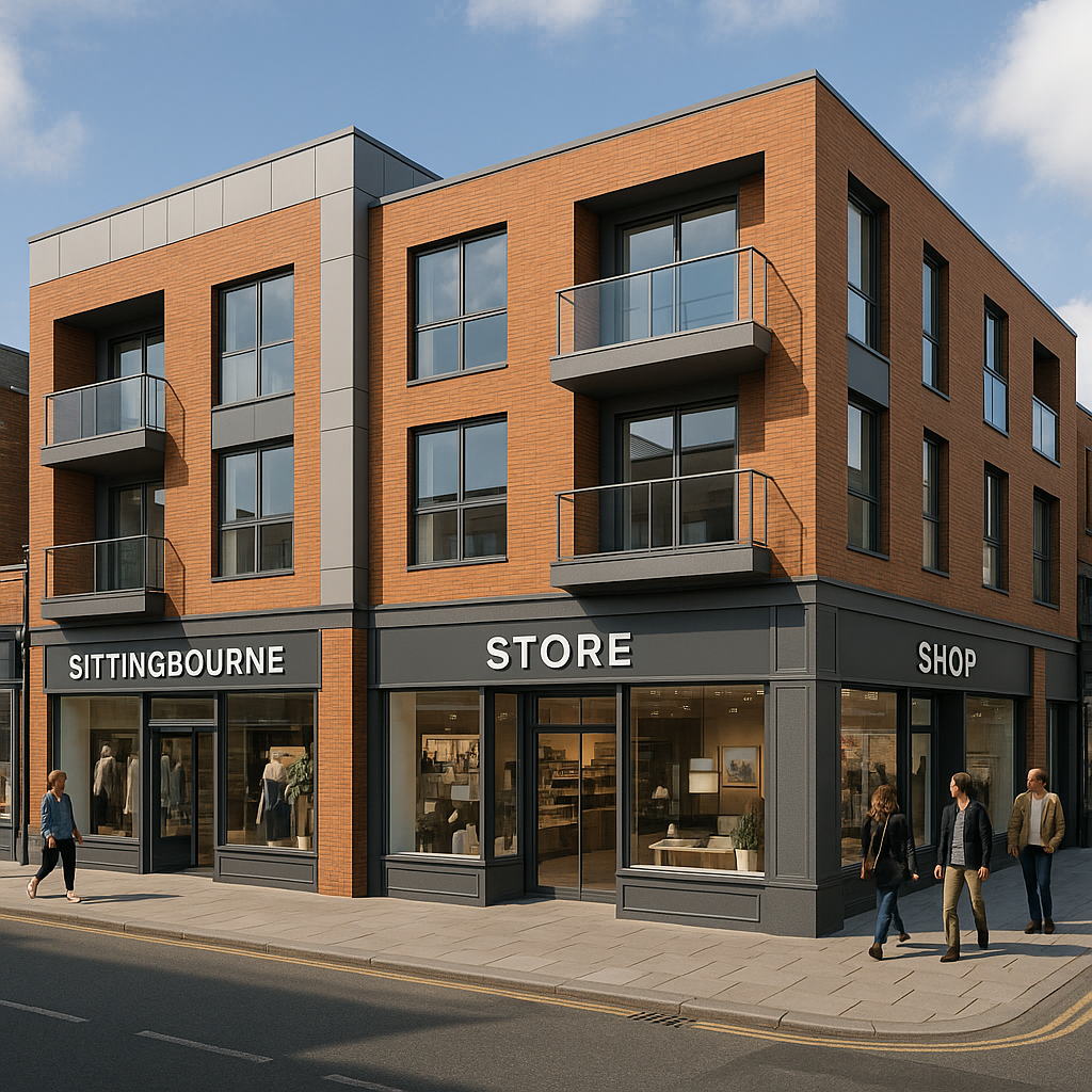 Property for sale A modern, three-story brick building on a city street corner offers high street retail investment Kent – an ideal Kent commercial investment. Shops with large windows and “Sittingbourne Store Shop” signage line the ground floor as people walk by outside. Presented by Palace Auctions
