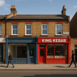 Property for sale A street scene features two people walking past "King Kebab," a bright red kebab shop beside a blue storefront—both on the ground floor of a brick Walthamstow mixed-use property, showcasing an E17 mixed-use asset. Presented by Palace Auctions