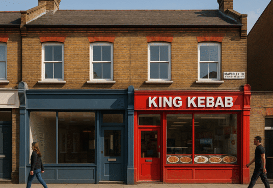 Property for sale A street scene features two people walking past "King Kebab," a bright red kebab shop beside a blue storefront—both on the ground floor of a brick Walthamstow mixed-use property, showcasing an E17 mixed-use asset. Presented by Palace Auctions
