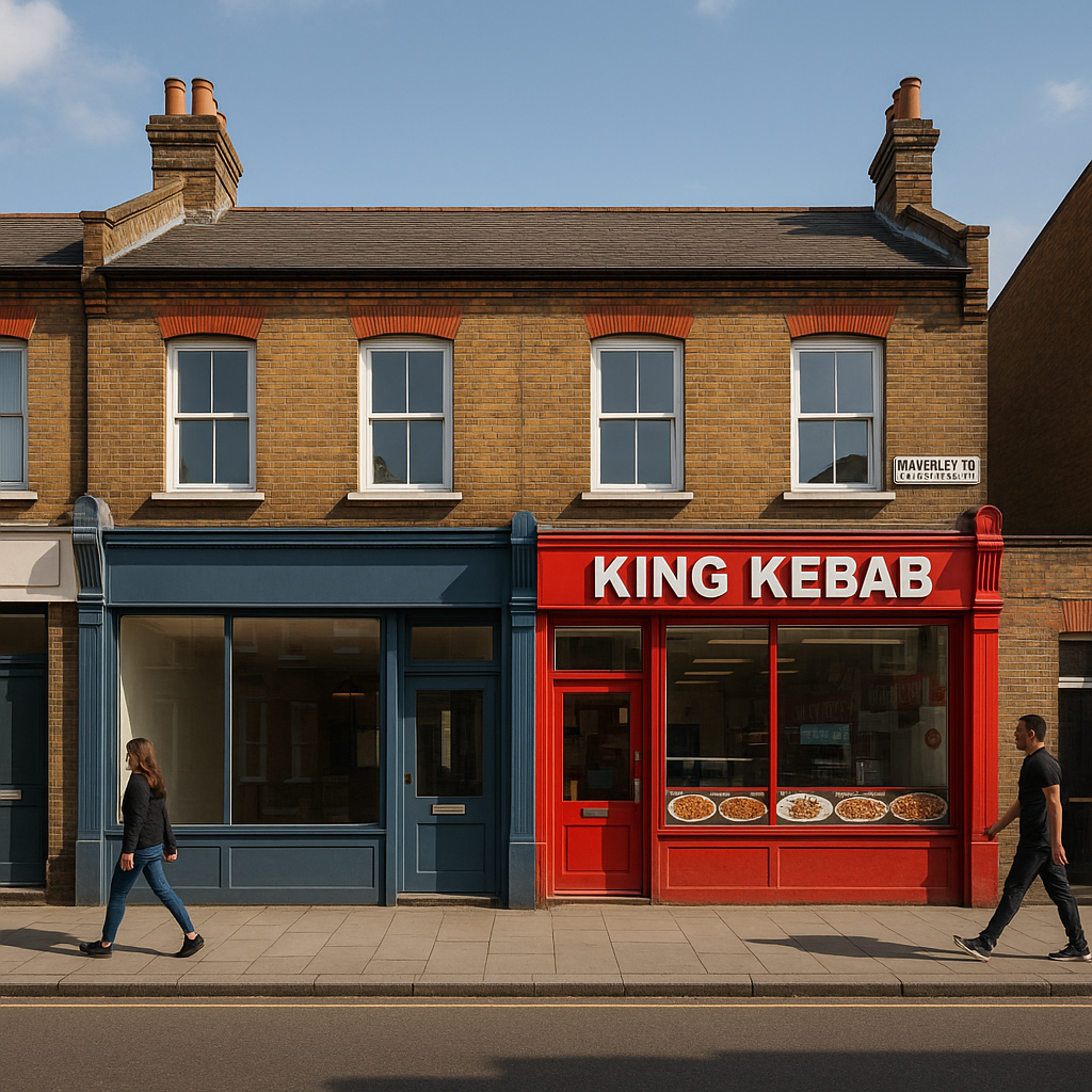 Property for sale A street scene features two people walking past "King Kebab," a bright red kebab shop beside a blue storefront—both on the ground floor of a brick Walthamstow mixed-use property, showcasing an E17 mixed-use asset. Presented by Palace Auctions