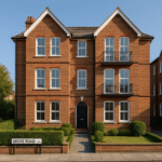 Property for sale A three-story red-brick apartment building with white-trimmed windows, black railings on balconies, and neatly trimmed bushes—a prime buy-to-let London opportunity. A street sign reads "Grove Road NW6" on the sidewalk in front. Presented by Palace Auctions