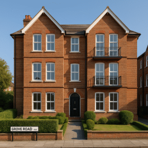 Property for sale A three-story red-brick apartment building with white-trimmed windows, black railings on balconies, and neatly trimmed bushes—a prime buy-to-let London opportunity. A street sign reads "Grove Road NW6" on the sidewalk in front. Presented by Palace Auctions