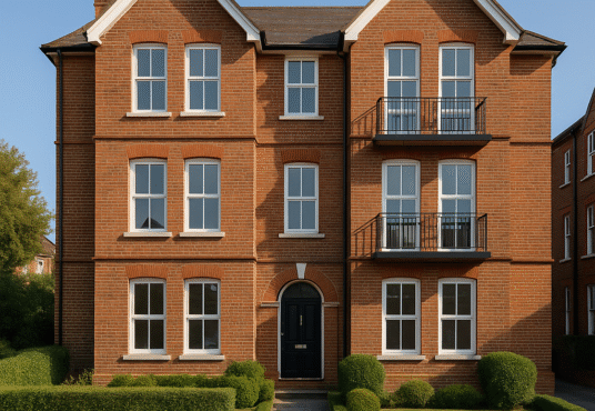 Property for sale A three-story red-brick apartment building with white-trimmed windows, black railings on balconies, and neatly trimmed bushes—a prime buy-to-let London opportunity. A street sign reads "Grove Road NW6" on the sidewalk in front. Presented by Palace Auctions