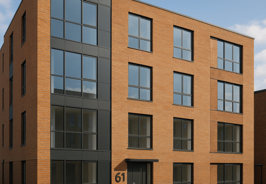 Property for sale A modern, four-story apartment building with a brick exterior and large windows on Lincoln Road Peterborough, featuring the number 61 beside the entrance, set on a sunny day—ideal for PE1 apartment investment. Presented by Palace Auctions