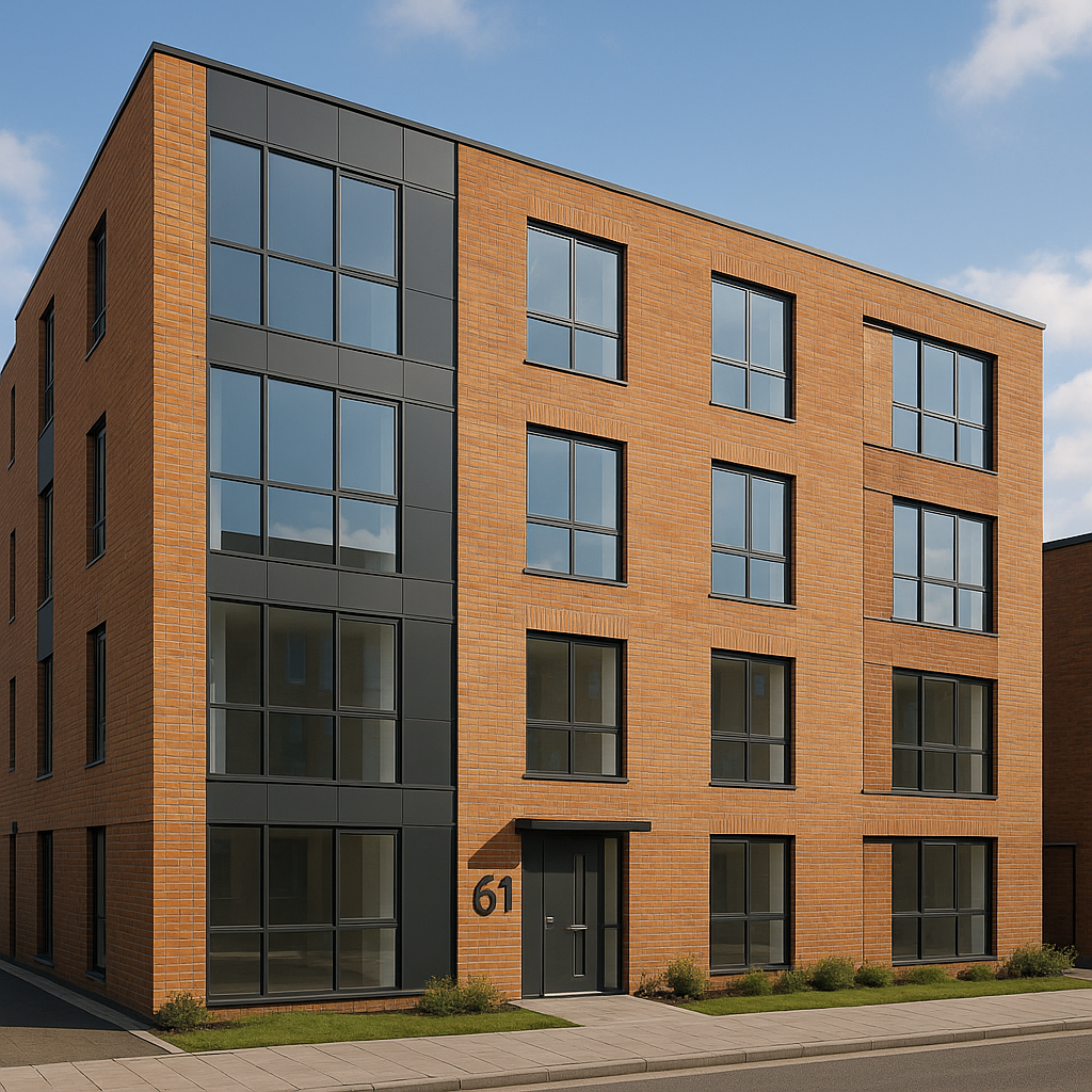 Property for sale A modern, four-story apartment building with a brick exterior and large windows on Lincoln Road Peterborough, featuring the number 61 beside the entrance, set on a sunny day—ideal for PE1 apartment investment. Presented by Palace Auctions