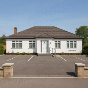 Property for sale A single-story, white building with a gray roof labeled "CABE FACULTY" features a central entrance with ramp and steps—an ideal Edgware investment property. Two parking spaces sit in front, bordered by brick walls and greenery under a clear blue sky. Presented by Palace Auctions