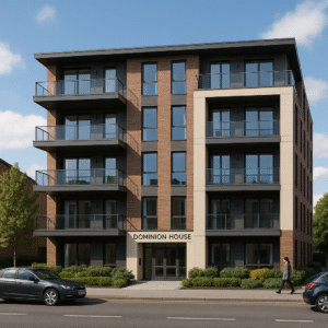 Property for sale Dominion House is a modern four-story apartment building in Peterborough, featuring balconies, large windows, and lush greenery. Ideal for PE1 apartment block investment, it offers stylish living with a car parked and someone strolling outside. Presented by Palace Auctions