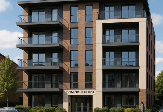 Property for sale Dominion House is a modern four-story apartment building in Peterborough, featuring balconies, large windows, and lush greenery. Ideal for PE1 apartment block investment, it offers stylish living with a car parked and someone strolling outside. Presented by Palace Auctions