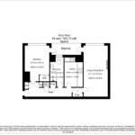 Property for sale Black and white floor plan of a one-bedroom flat Nottingham featuring a balcony, bedroom, bathroom, kitchen, living/dining room, and storage cupboards. Room dimensions are labeled throughout the layout. Presented by Palace Auctions