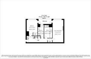 Property for sale Black and white floor plan of a one-bedroom flat Nottingham featuring a balcony, bedroom, bathroom, kitchen, living/dining room, and storage cupboards. Room dimensions are labeled throughout the layout. Presented by Palace Auctions