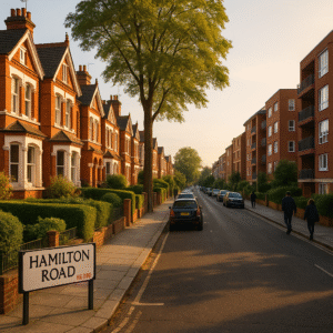 Property for sale A quiet residential street, Hamilton Road, lined with red-brick houses and modern apartments, features parked cars and a few people enjoying the warm evening sunlight—ideal for a loft conversion Ealing or as an Ealing Broadway terraced home. Presented by Palace Auctions
