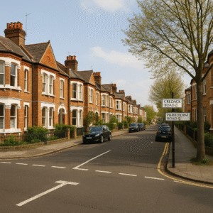 Property for sale A quiet residential street in Acton, ideal for a Zone 2 HMO investment, lined with red-brick terraced houses, parked cars, fresh green trees, and a signpost at the intersection of Credack Road and Pierrepont Road. Presented by Palace Auctions