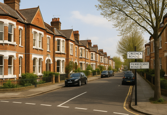 Property for sale A quiet residential street in Acton, ideal for a Zone 2 HMO investment, lined with red-brick terraced houses, parked cars, fresh green trees, and a signpost at the intersection of Credack Road and Pierrepont Road. Presented by Palace Auctions