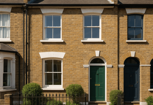 Property for sale A row of traditional London 2-bed terraced houses with arched doorways, white-trimmed windows, small front gardens, and a paved sidewalk under a clear blue sky—perfect for a below market value buy-to-let investment. Presented by Palace Auctions