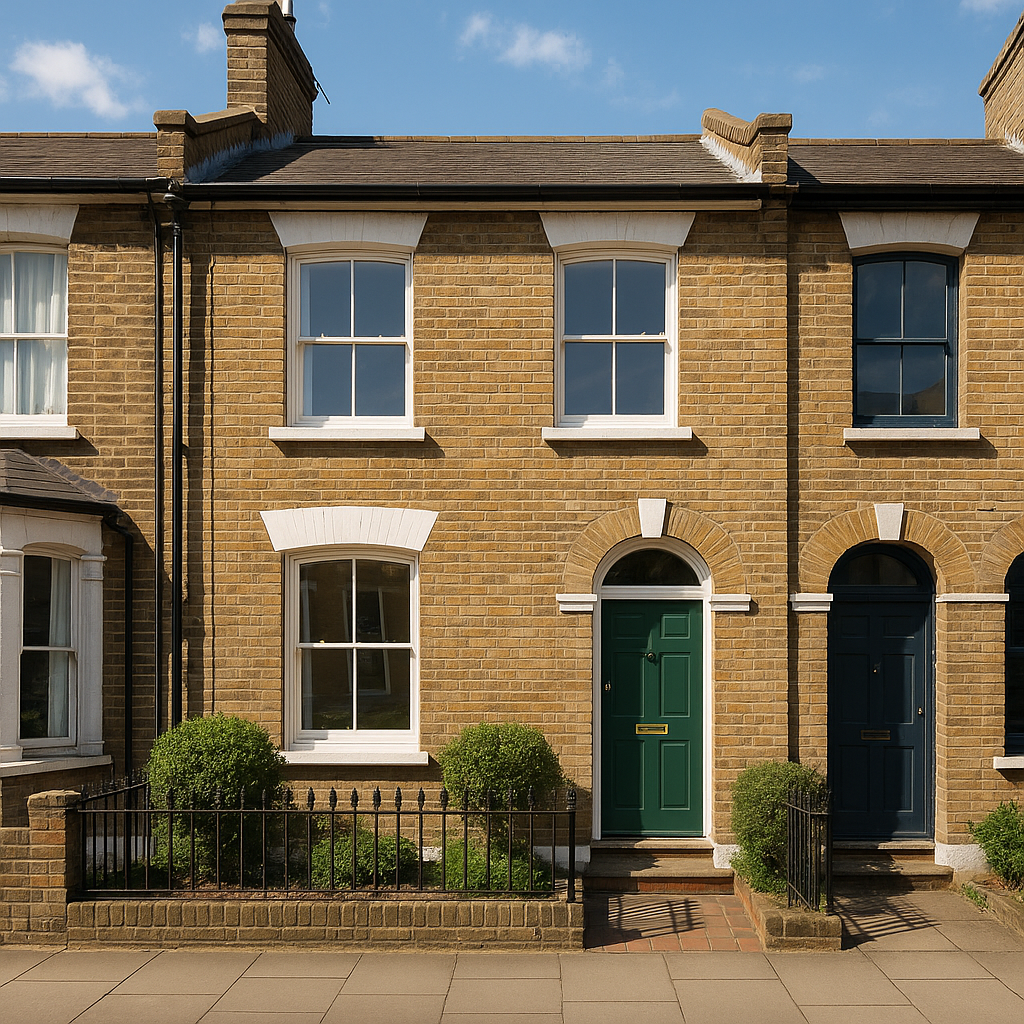 Property for sale A row of traditional London 2-bed terraced houses with arched doorways, white-trimmed windows, small front gardens, and a paved sidewalk under a clear blue sky—perfect for a below market value buy-to-let investment. Presented by Palace Auctions