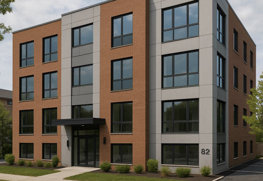 Property for sale A modern 13-unit apartment block with large windows, a brick and gray facade, black entrance canopy, and the number 82 on the front—perfect for those seeking city centre rental property PE2—surrounded by sidewalks, grass, and small shrubs. Presented by Palace Auctions