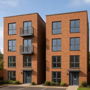 Property for sale Two modern, four-story brick apartment buildings with large windows and balconies offer attractive Birmingham block investment opportunities, each featuring a gray front door and minimal landscaping under a clear sky. Presented by Palace Auctions