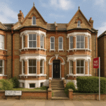 Property for sale A Victorian-style brick townhouse with bay windows and white trim, featuring a central black door. A "For Sale" sign in the yard highlights this Streatham property investment opportunity on Bournemille Road SW1. Presented by Palace Auctions