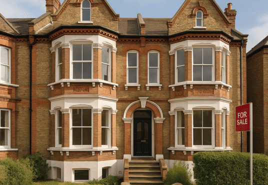 Property for sale A Victorian-style brick townhouse with bay windows and white trim, featuring a central black door. A "For Sale" sign in the yard highlights this Streatham property investment opportunity on Bournemille Road SW1. Presented by Palace Auctions