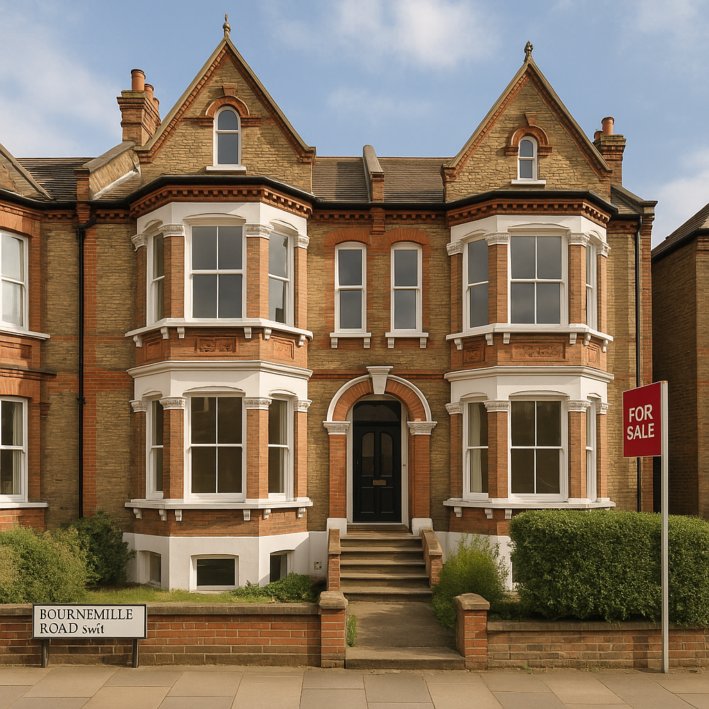 Property for sale A Victorian-style brick townhouse with bay windows and white trim, featuring a central black door. A "For Sale" sign in the yard highlights this Streatham property investment opportunity on Bournemille Road SW1. Presented by Palace Auctions