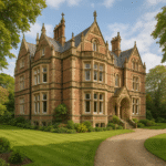 Property for sale A large, historic Victorian mansion with ornate stonework, steep gables, and tall windows sits on manicured lawns in Bowdon—an ideal WA14 residential investment. A curved gravel path leads to the entrance under a clear sky. Presented by Palace Auctions