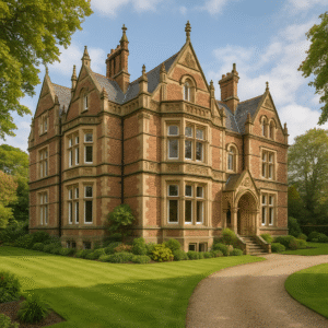 Property for sale A large, historic Victorian mansion with ornate stonework, steep gables, and tall windows sits on manicured lawns in Bowdon—an ideal WA14 residential investment. A curved gravel path leads to the entrance under a clear sky. Presented by Palace Auctions